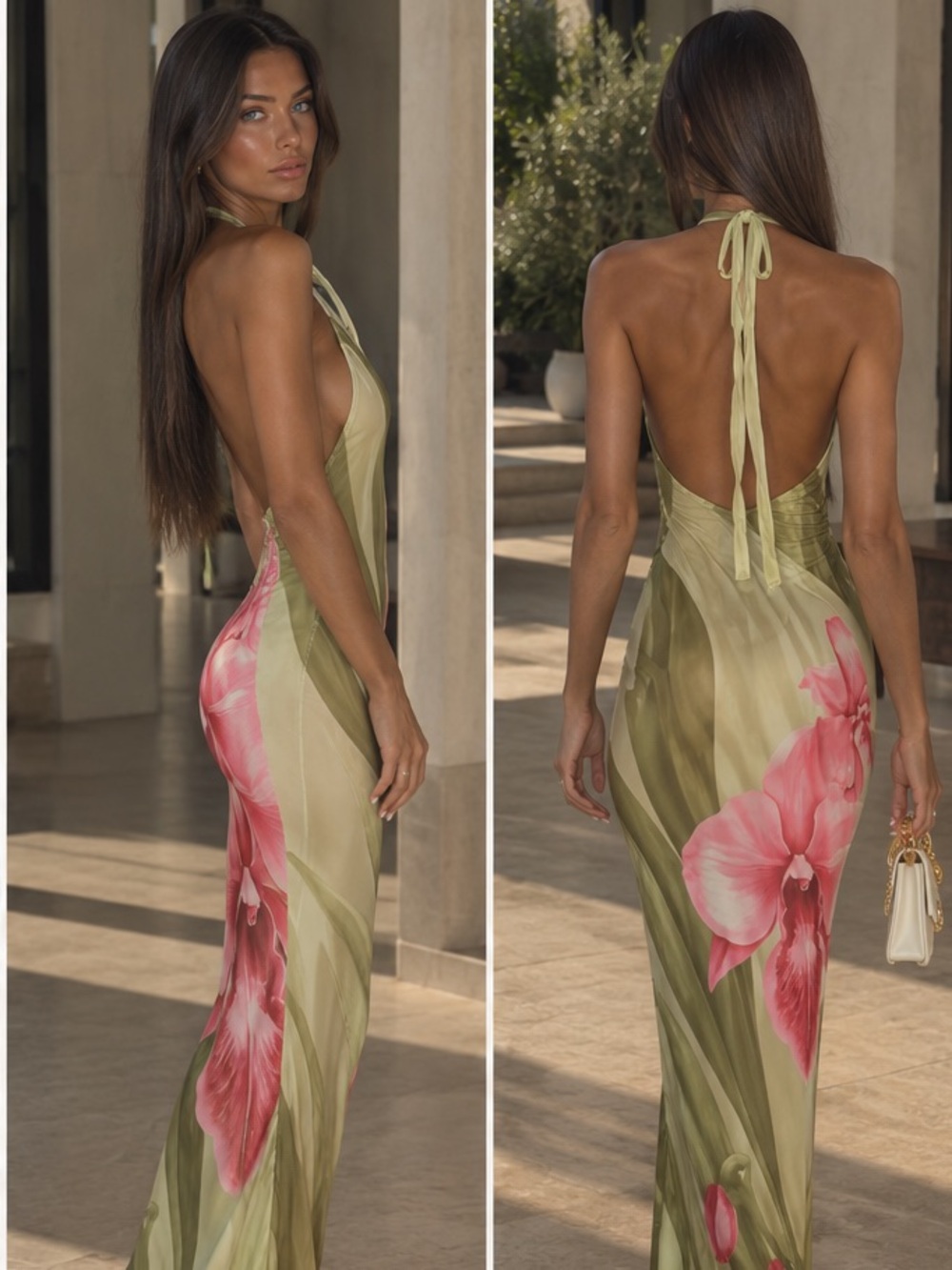 Macy's Olive Green Halter Backless Maxi Dress with Pink Floral Print